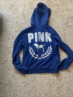 PINK Victoria's Secret Navy Hoodie with Silver Logo Dog Emblem